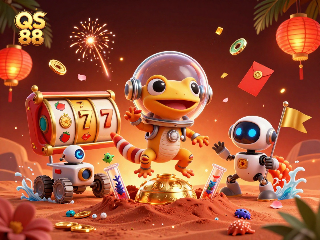 Experience big wins at QS 88 with a Martian gecko discovering a golden casino adventure.