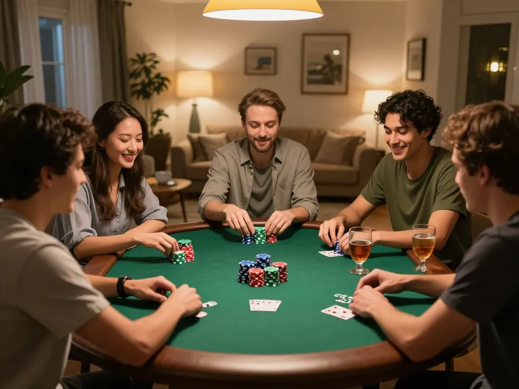 Friends enjoying a poker night at home with mm88 casino vibes, laughter and strategy abound.