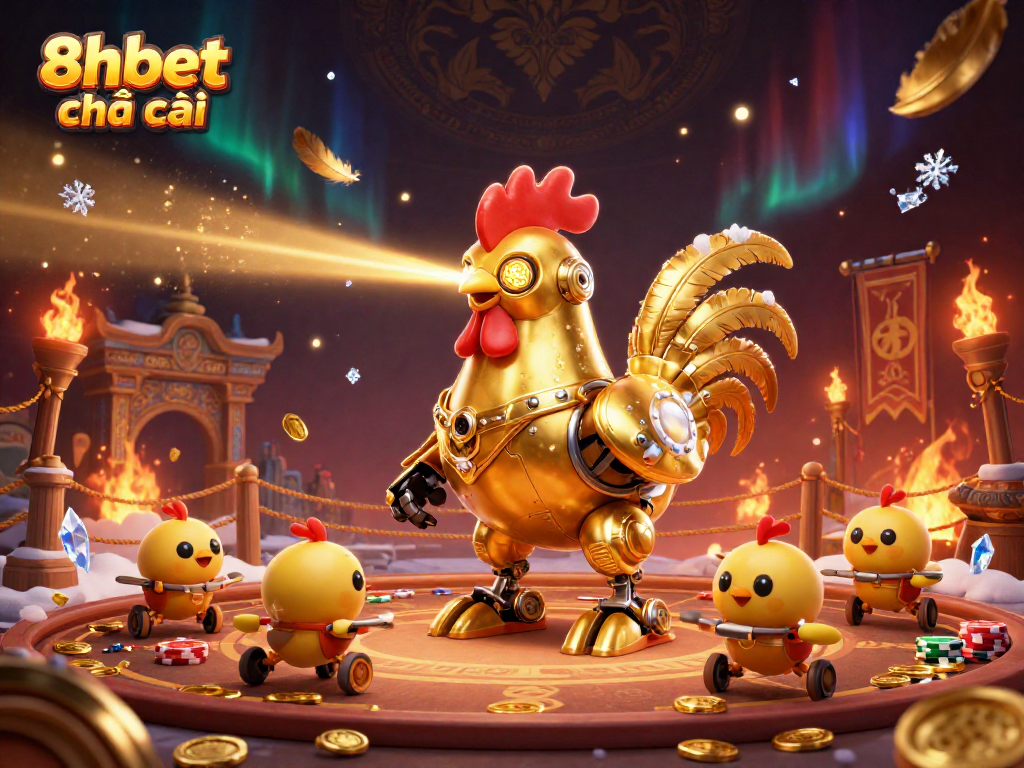 Engage with 8xbet nhà cái's vibrant gaming world as the golden rooster robot captivates players.