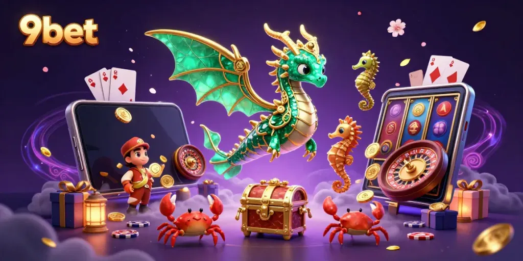 Engage in thrilling moments with 9bet's dynamic live casino featuring an emerald sea dragon and vibrant gaming elements.