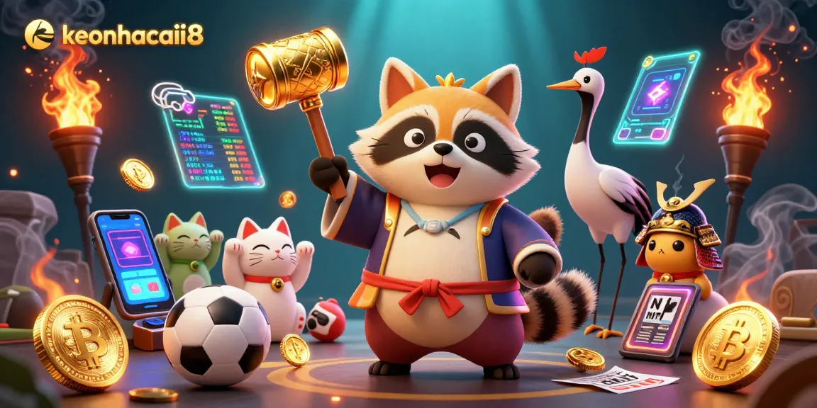 Experience the excitement of bets with keonhacaii8, featuring lively raccoon characters and vibrant sports elements.