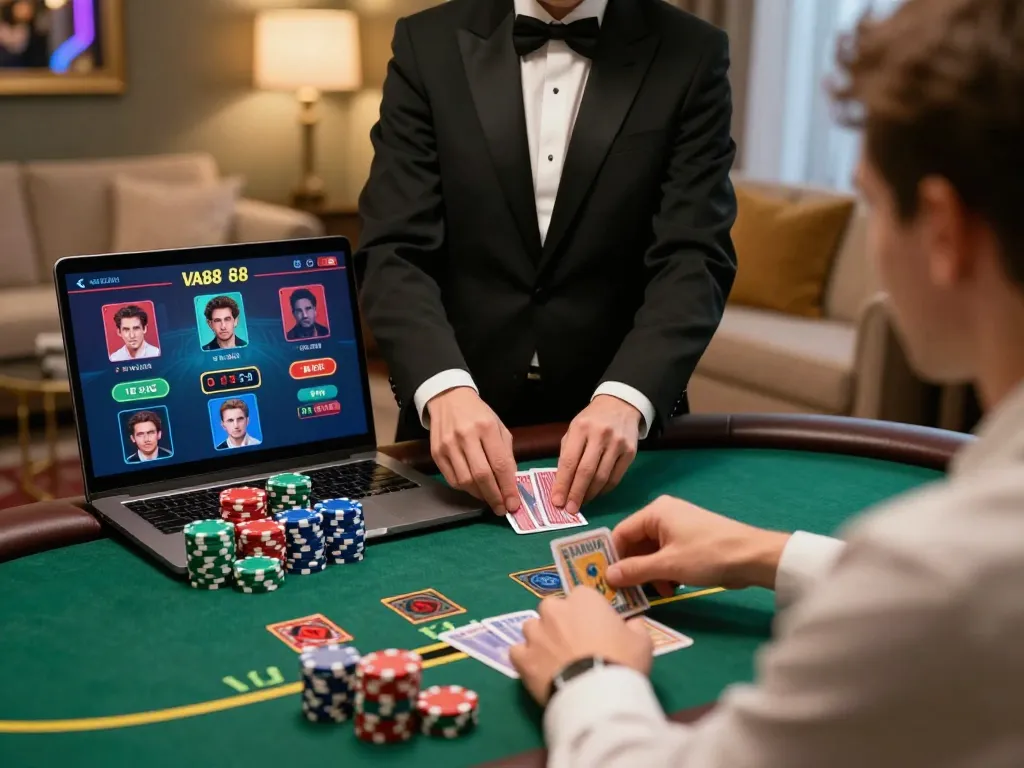 Experience the excitement of VA88 in a vibrant online blackjack game with a live dealer and colorful chips.