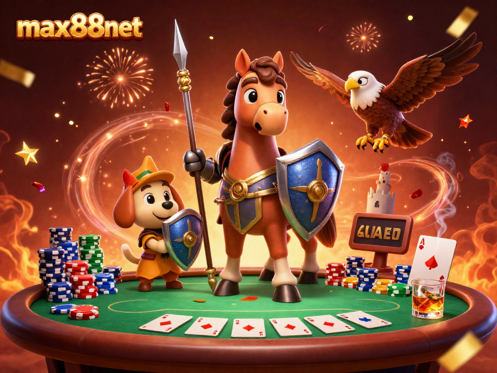Engage players at max88net with a vibrant 3D illustration of a medieval knight, squire, and falcon in a casino scene