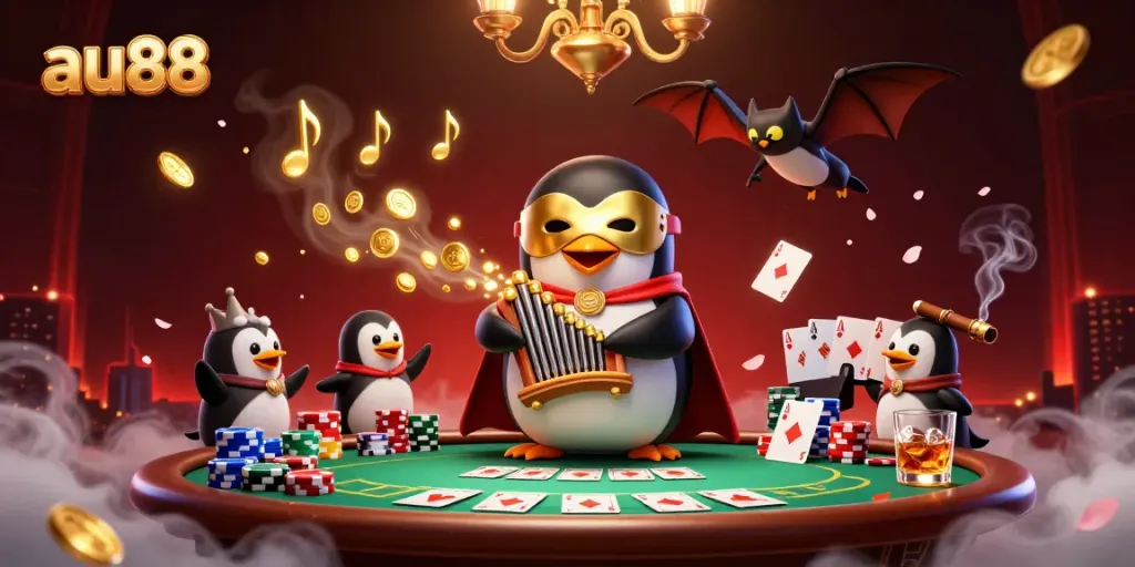 Engage with the vibrant scene of au88 as a whimsical penguin plays an organ, surrounded by a lively casino atmosphere.