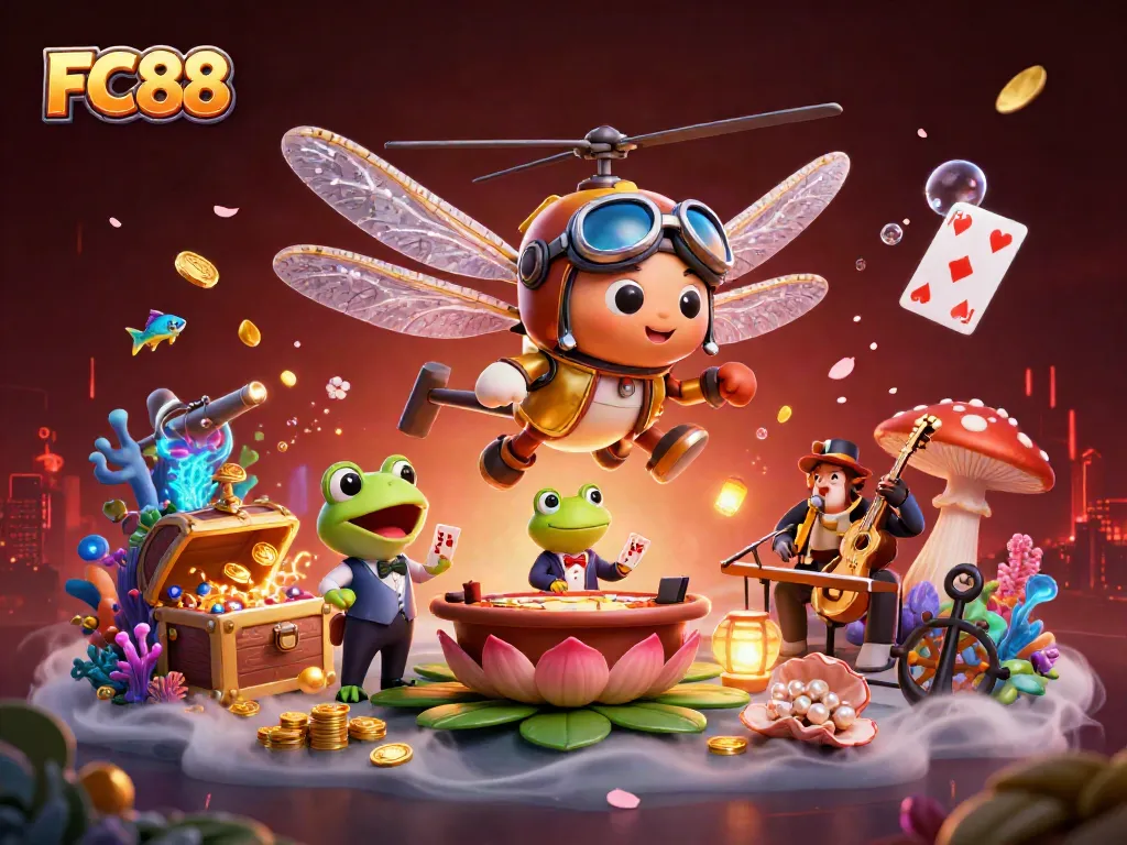 FC88 captivating casino scene with a dragonfly pilot, frog croupier, and vibrant game elements
