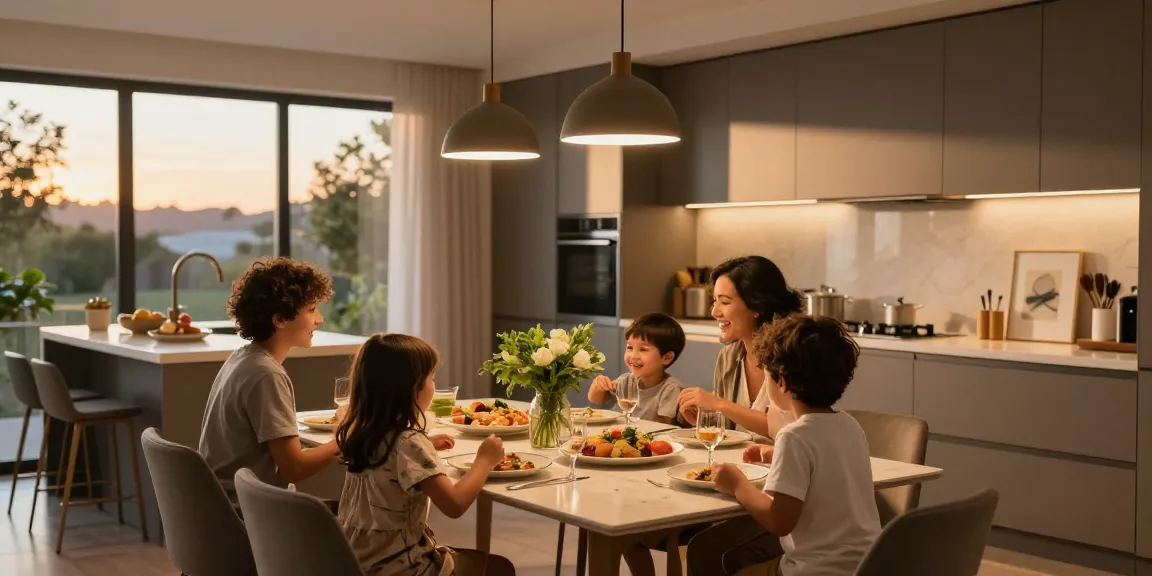 Warme und einladende Küchenbeleuchtung, die ein Familienzusammenkunft in einer modernen Küche verbessert.