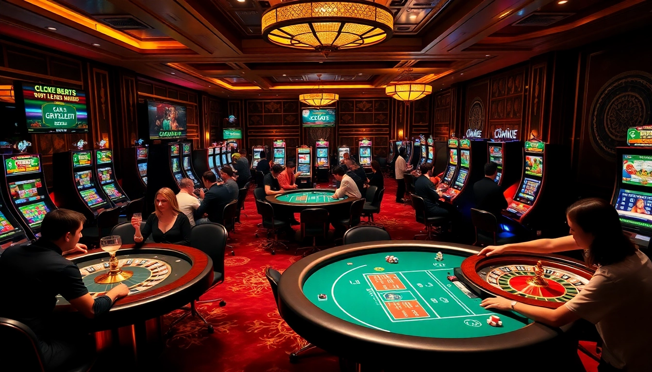 Exciting gaming scene at sc88vn.com featuring poker tables and roulette wheels in a vibrant casino.