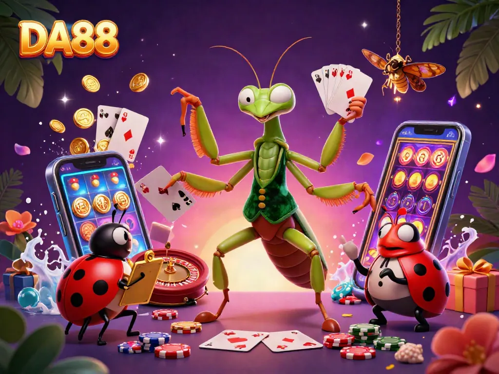 Engage with DA88 as a giant praying mantis card sharp deals cards amidst a lively casino scene.