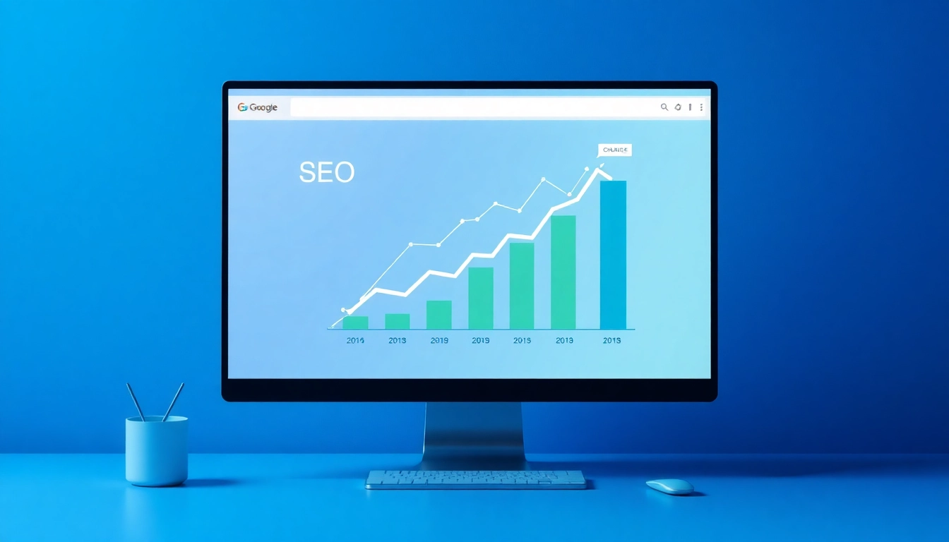 Visualisieren Sie das ansteigende SEO-Ranking mit modernen Grafiken und professioneller Farbpalette.