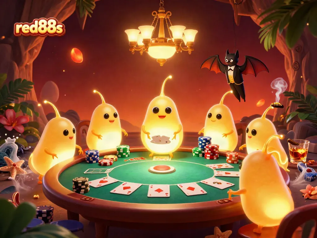 Engage with the red88s casino scene featuring glowworms illuminating the vibrant cave with poker action.