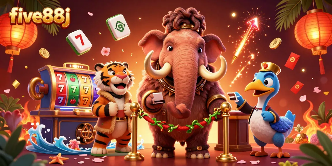Experience excitement with five88j at the vibrant casino featuring a mammoth bouncer and slot reels.