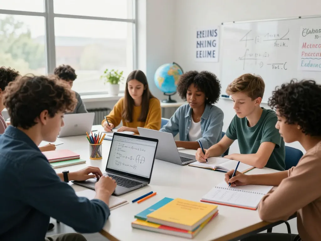 Studierende arbeiten gemeinsam daran, Hausaufgaben in einem hellen Bildungsraum mit Büchern und motivierenden Zitaten zu lösen.
