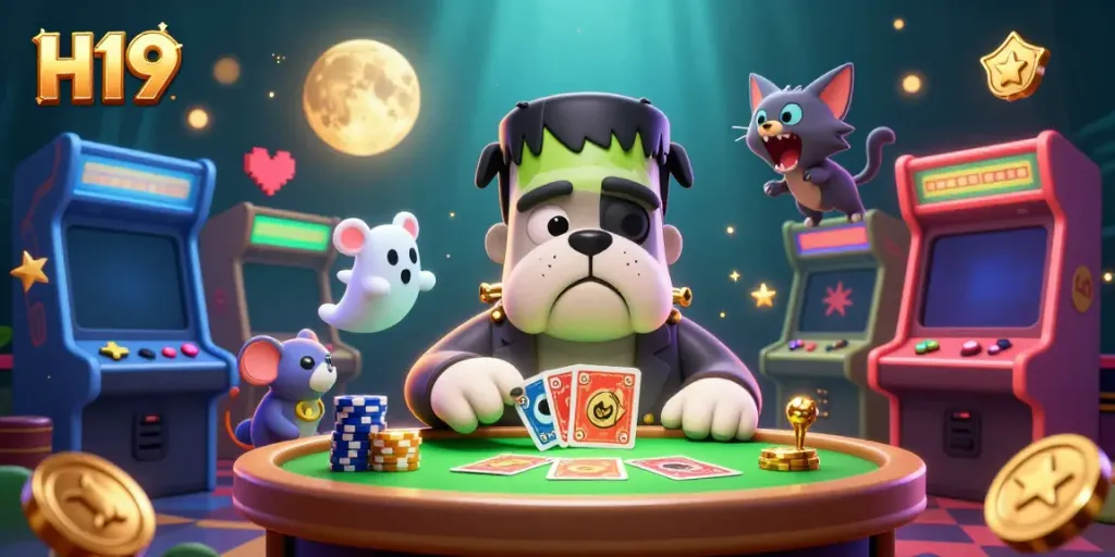 Join the thrilling world of H19, where a whimsical Frankenstein bulldog deals cards while a ghost mouse floats playfully through casino chips.
