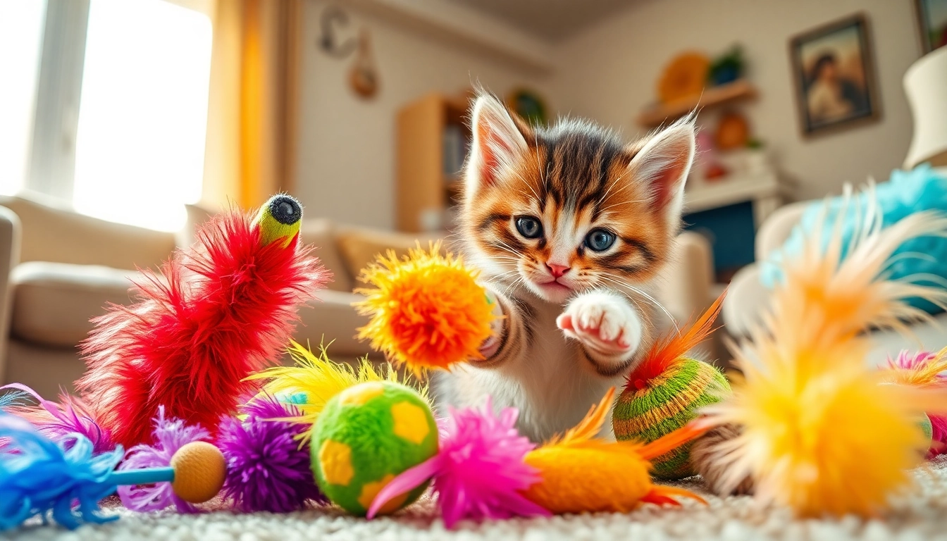 Kätzchen spielt mit bunten spielzeugen für katzen in einem gemütlichen Wohnzimmer.