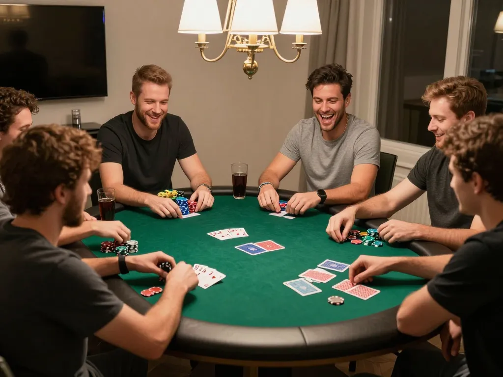 Friends playing poker in a cozy home setting, showcasing strategic gameplay moments with iwin chips and cards.