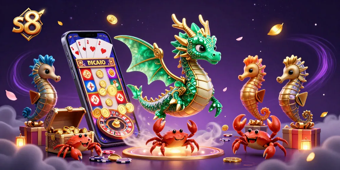S8 gaming platform featuring colorful slot reels and dynamic casino elements in a vibrant illustration.