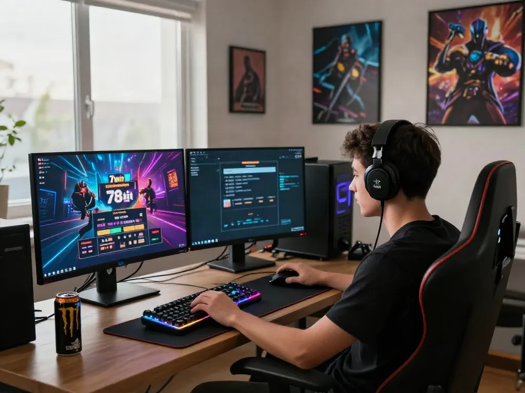 Exciting scene of a gamer registering for 78win in a vibrant home office setting.