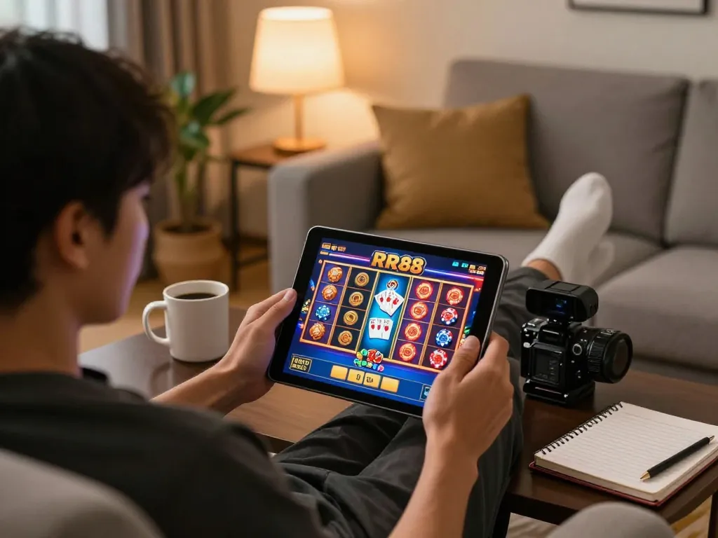 Engaging in RR88 online casino gameplay with vibrant slots, strategic notebook, and cozy setting.