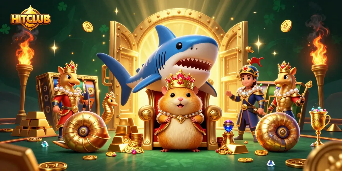 Experience HITCLUB's thrilling slot scene with golden treasures and royal characters in a vibrant casino setting.