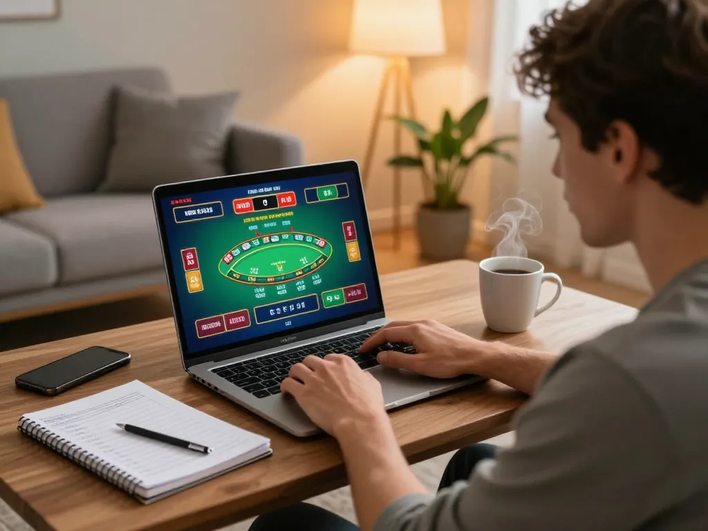 Player enjoying CM88 online blackjack while managing strategy notes at home.