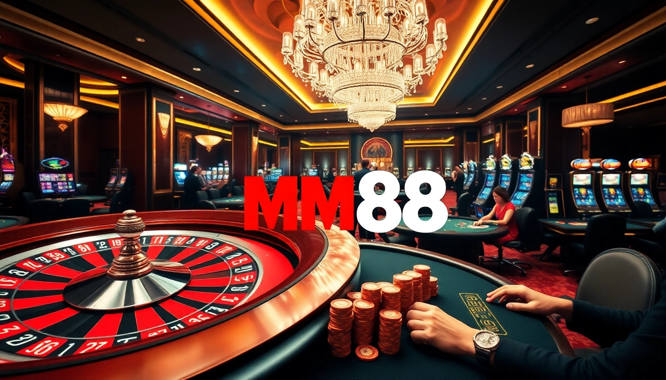 MM88 gaming experience with vibrant casino tables, poker action, and luxurious ambiance.