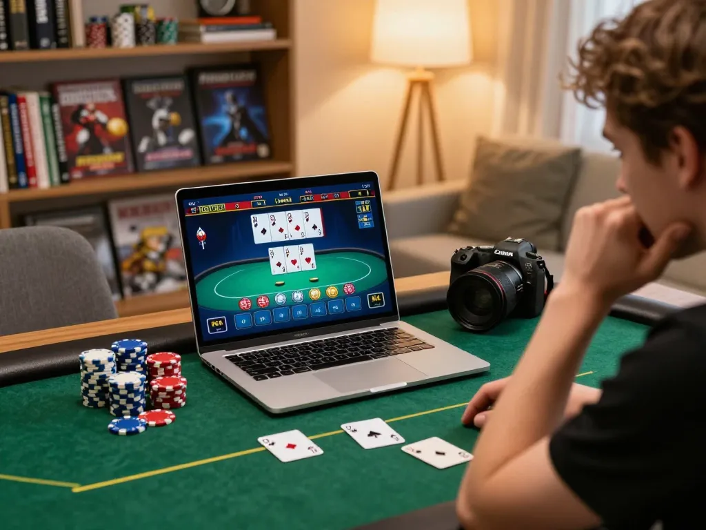 Engaging player in hm88 poker game at home, colorful chips scattered on desk, strategic atmosphere