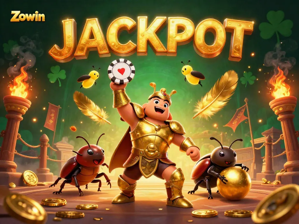 Zowin gameplay features a victorious beetle and vibrant elements in a vibrant casino-themed scene.