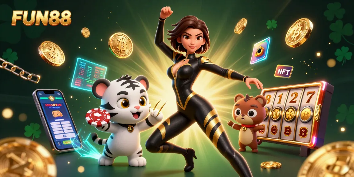 Engage with FUN88's thrilling slots featuring a dynamic illustration of a woman, tiger, and casino elements.