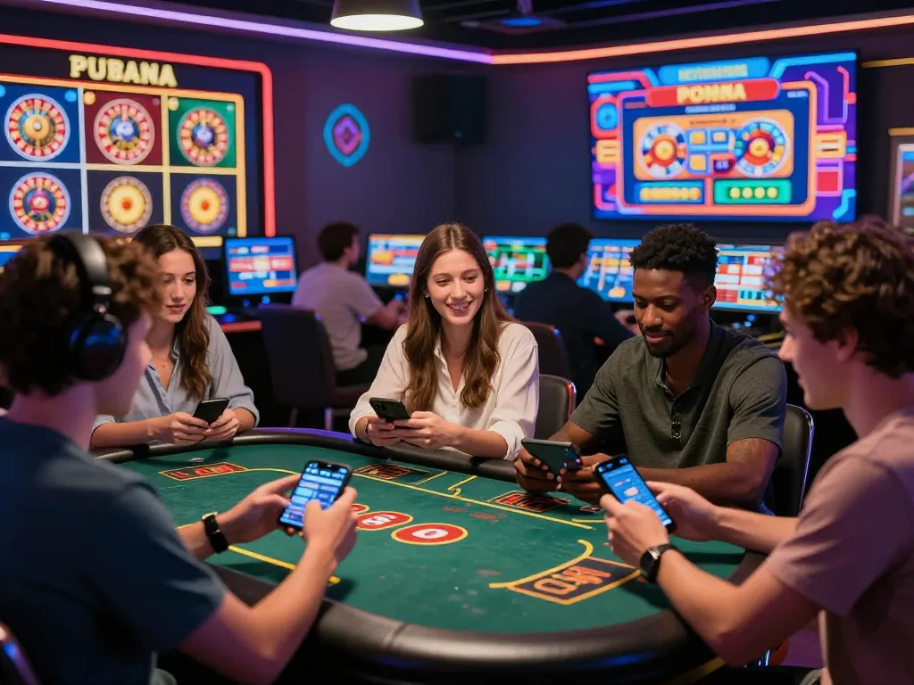 An engaging group of friends enjoying 娛樂城 games in a vibrant digital casino setting, showcasing various gaming activities with colorful visuals.