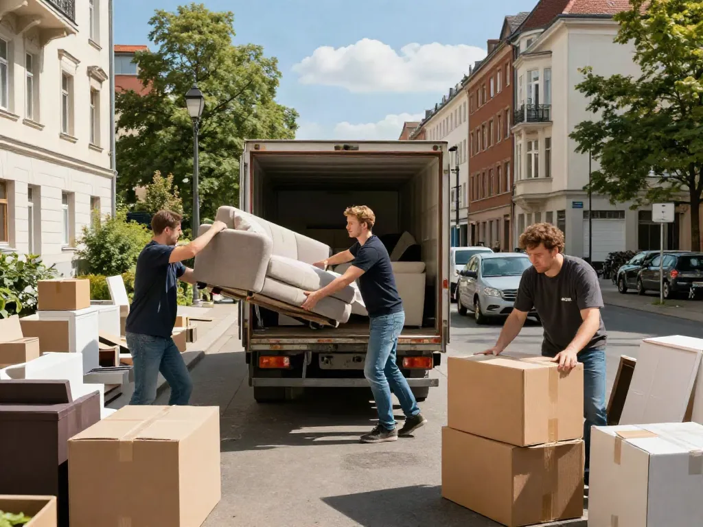 Professionelle Wohnungsentrümpelung Berlin mit Team beim Möbeltransport