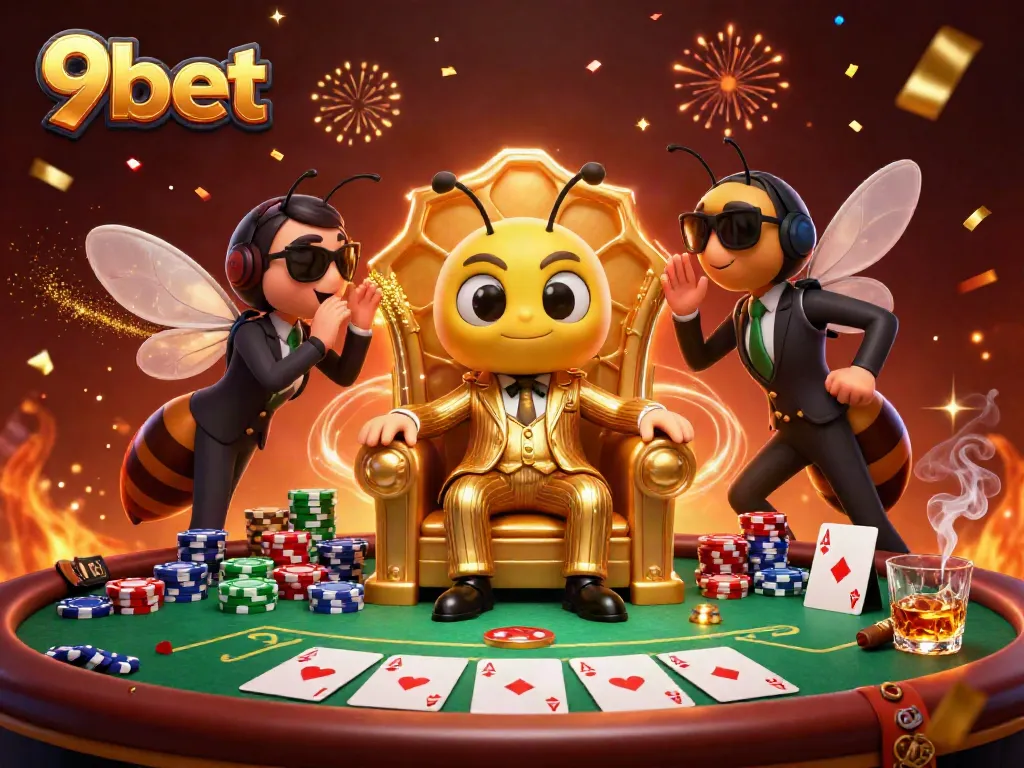 Experience thrilling poker action with 9bet's vibrant 3D casino scene featuring a bumblebee mob boss.