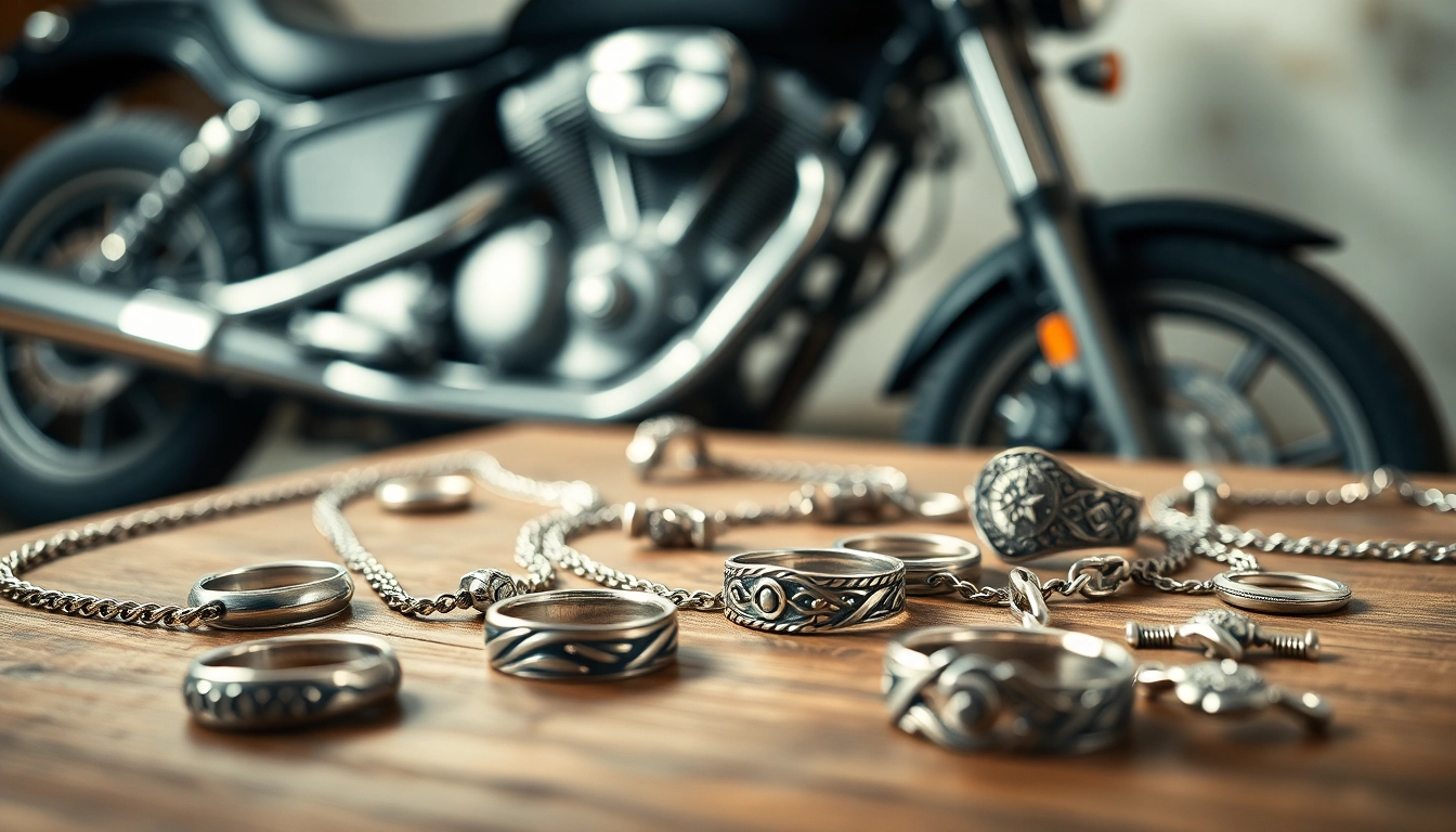 Bikerschmuck auf einem Holztisch mit feinen Silberringen und Ketten, perfekt inszeniert.