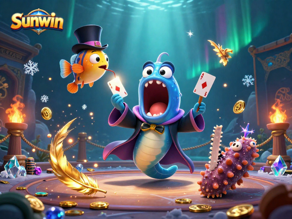 Sunwin showcases a 3D bioluminescent eel performing magic tricks, surrounded by casino elements.