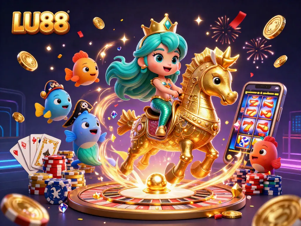 Experience the magic of LU88 with a 3D illustration featuring a mermaid princess, seahorse, and casino treasures.