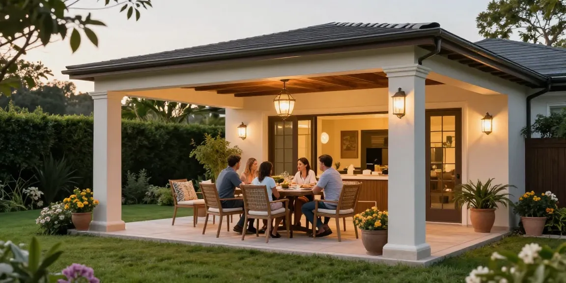 Freistehende Terrassenüberdachung in einem einladenden Garten mit einer Familie beim Essen im Freien