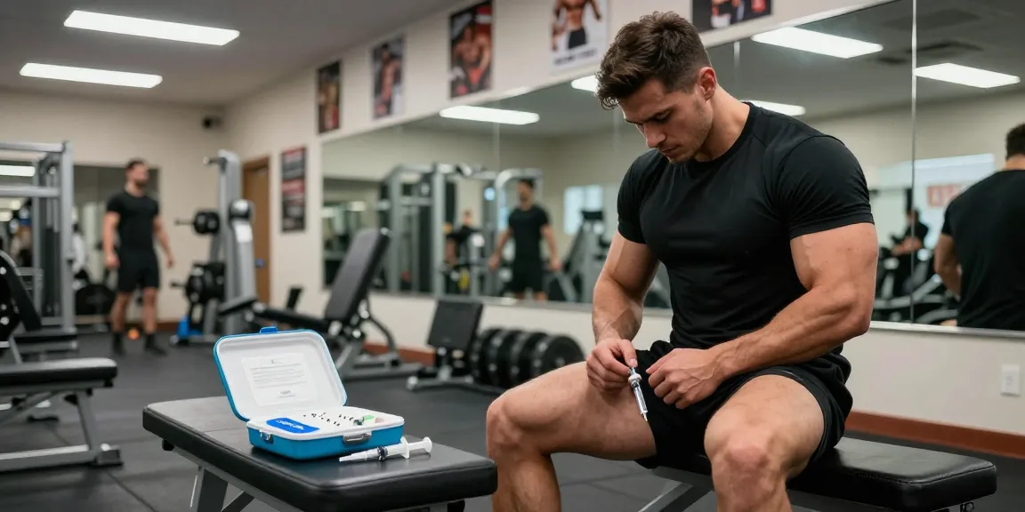 Anabolika Shop user preparing for a steroid injection in a professional gym, showcasing fitness dedication
