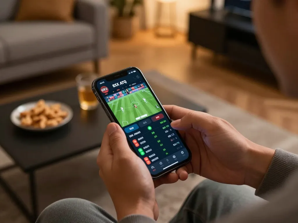Engaging with 8XX ATQ sports betting app on a smartphone while enjoying home comforts.