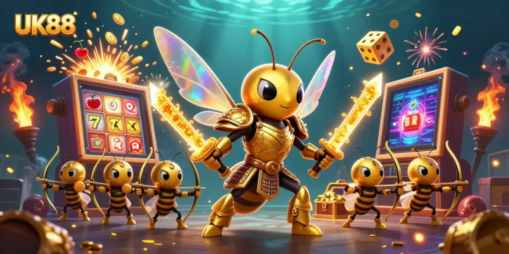 UK88 presents an engaging scene with a giant hornet samurai amidst exploding jackpots and vibrant casino elements.