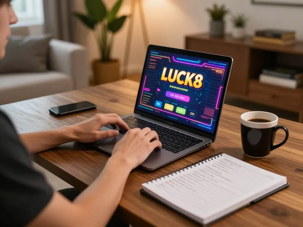 Người chơi đắm chìm trong trò chơi casino trực tuyến LUCK8, thể hiện đồ họa màn hình laptop và ghi chú chiến lược.