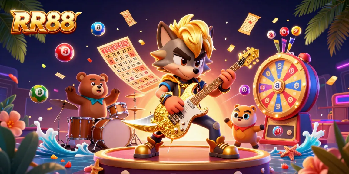 RR88 immersive casino experience with a wolf guitarist and bear drummer amidst vivid lottery elements.