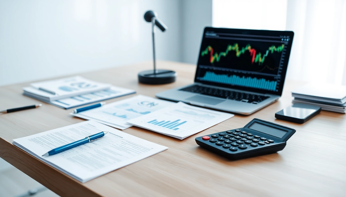 Wertpapiere auf einem professionellen Finanzanalyse-Desk mit Laptop und Dokumenten.