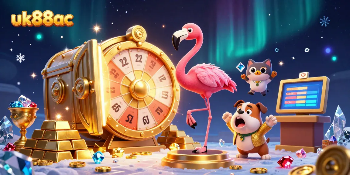 Spin to win with uk88ac as the flamingo game show host dazzles in a vibrant prize wheel scene.