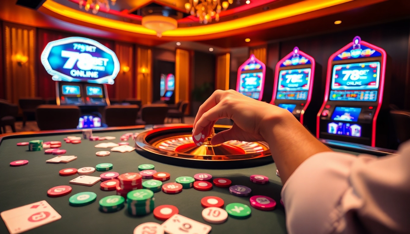 Exciting gambling action featuring 789BET casino tables and vibrant slot machines.