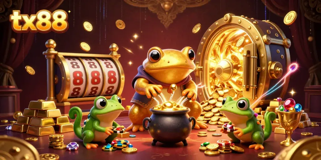 Experience the magic of tx88 as a giant golden salamander and friends celebrate big wins with coins and slot reels.