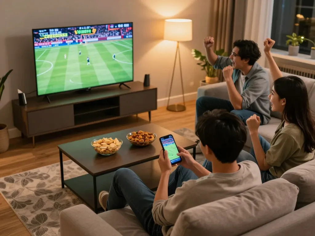 Engage in sports betting excitement with Xoilac on a smartphone while watching live matches at home.