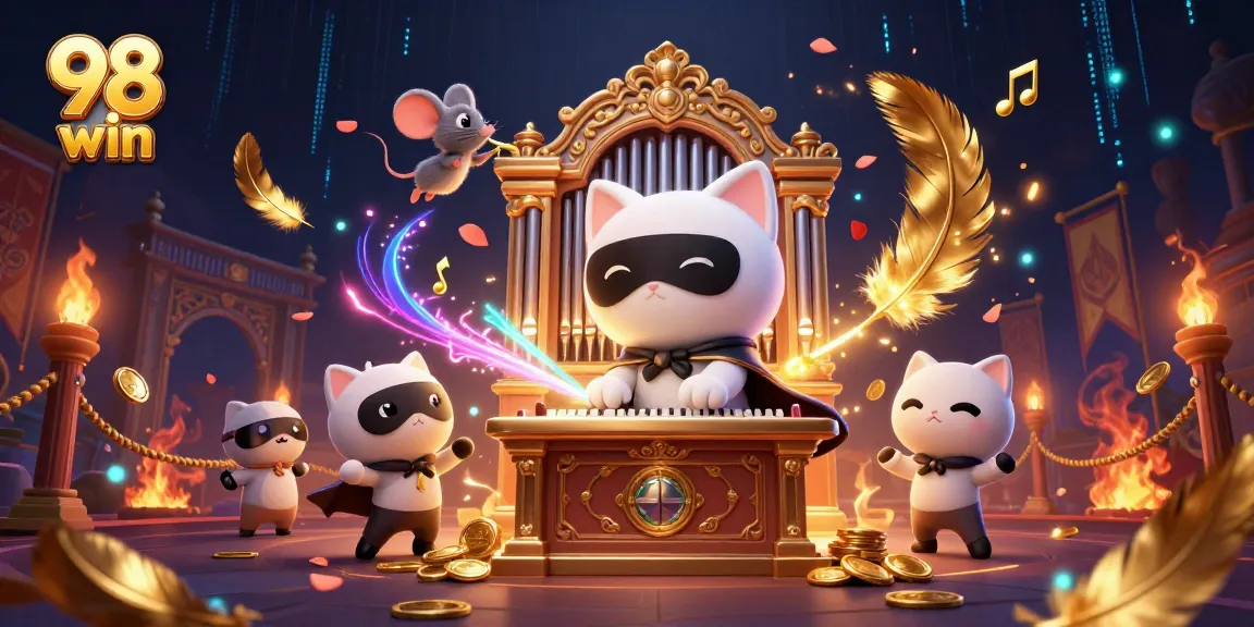 Experience thrilling gameplay with 98 win at a vibrant casino scene featuring a masked cat and acrobatic mouse.