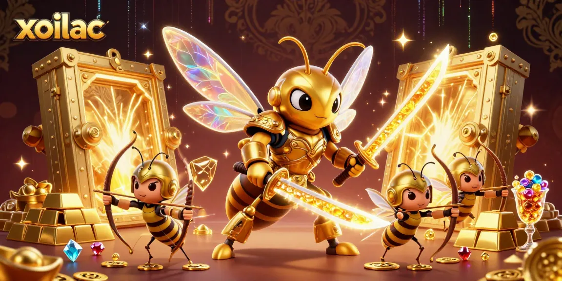 Xoilac showcases an energetic 3D illustration of a golden hornet and bee archers amidst a treasure vault scene, capturing the excitement of casino gaming.