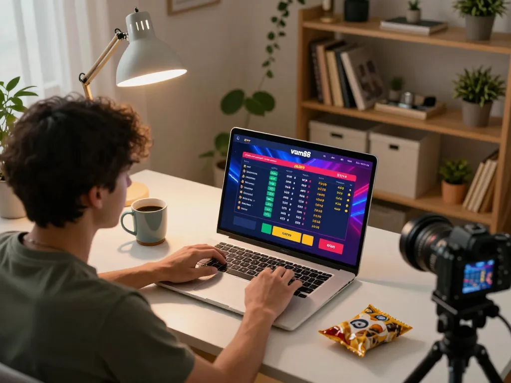 An engaged user at vmax88 placing sports bets online, depicting a strategic gaming moment in a cozy home office.