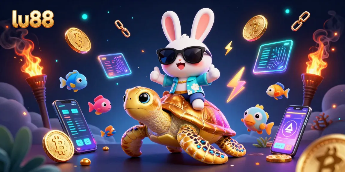 Experience thrilling wins with lu88 at a vibrant casino scene filled with crypto coins and festive characters.