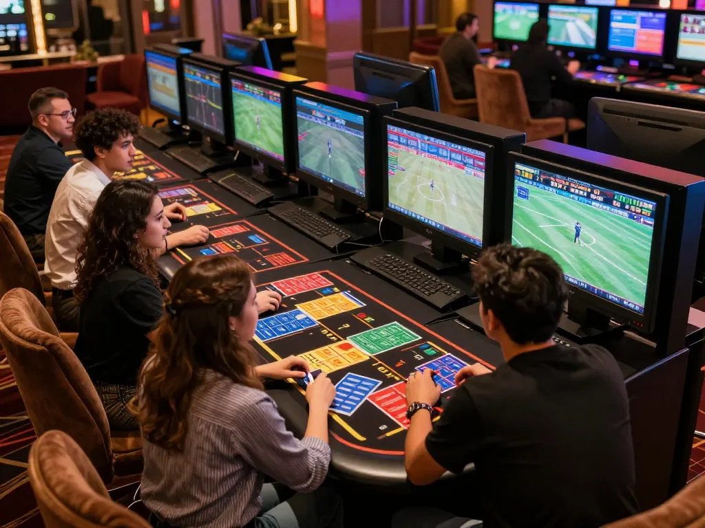 Man88 players excitedly placing sports bets while monitoring live events in a vibrant casino atmosphere